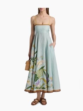 $690 NWT Alemais Midi Dress Ice Blue/Multi Size 12 Alfie Linen Floral Strap